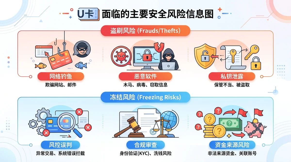 U卡面临的主要安全风险信息图:分盗刷和冻结两大板块,用图标和简短文字列出网络钓鱼、恶意软件、私钥泄露、风控误判、合规审查等风险点