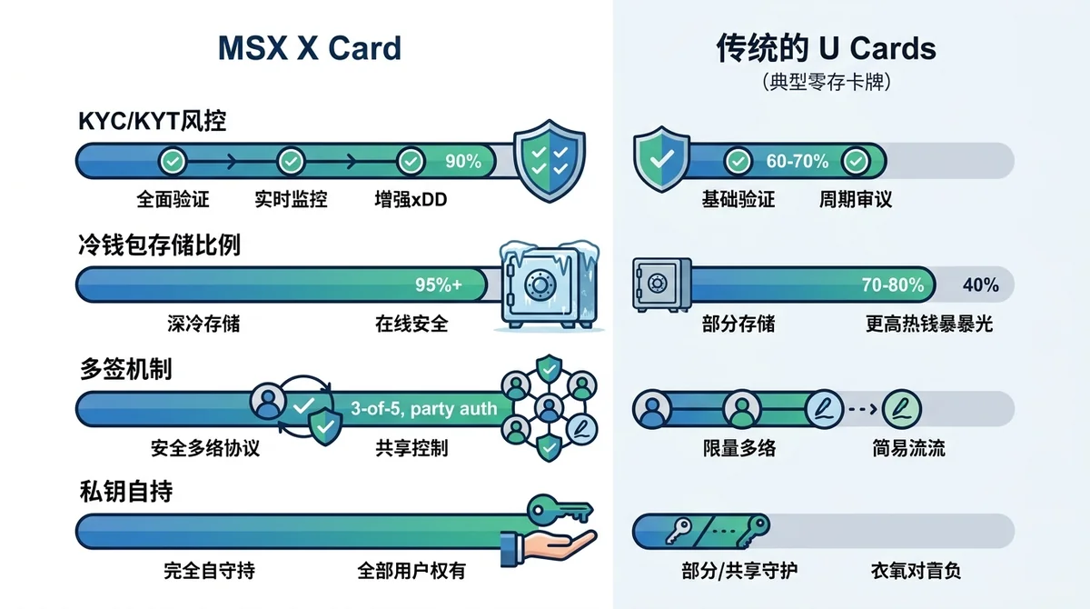 MSX X Card与传统U卡安全机制对比图:横向柱状图对比KYC/KYT风控、冷钱包存储比例、多签机制、私钥自持等维度