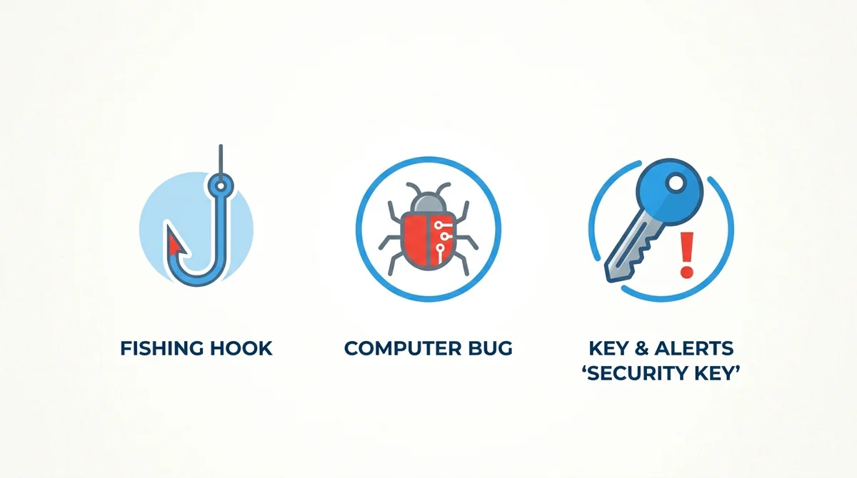 Horizontal 16:9 composition, three flat icons evenly spaced: a fishing hook, a computer bug, and a key with exclamation mark,