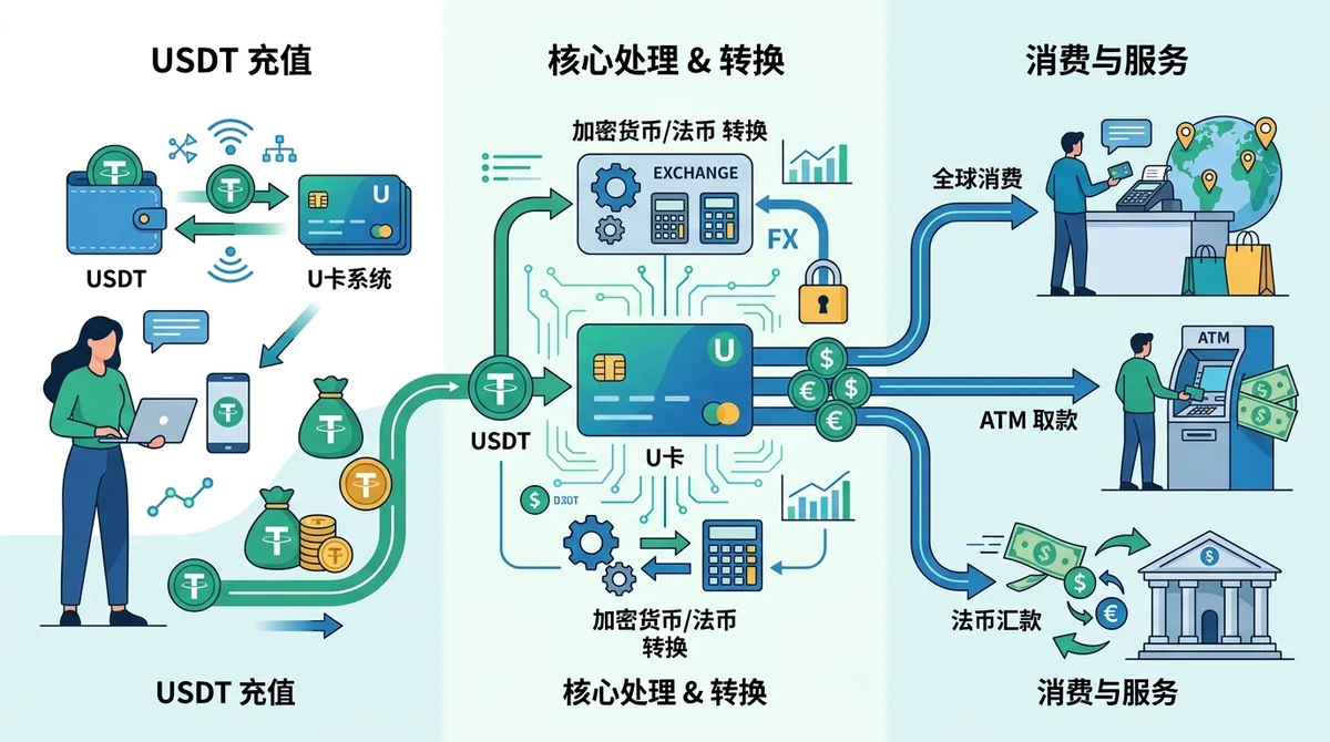 U卡工作原理流程图：从USDT充值到全球消费、ATM取款、法币汇款