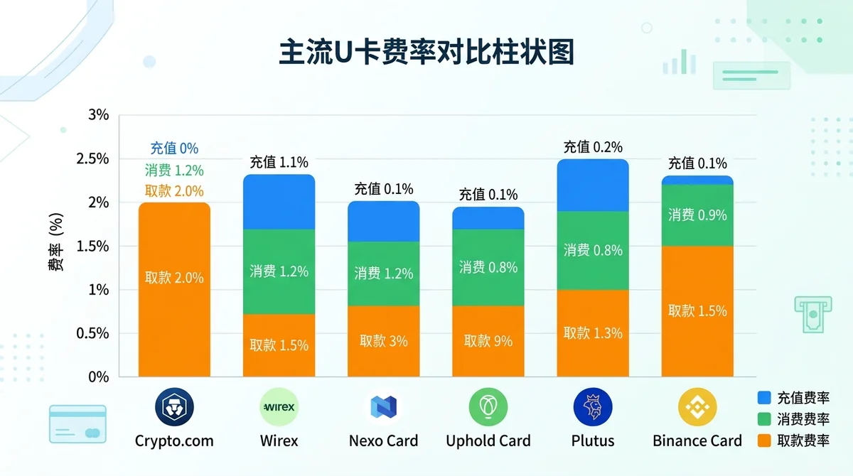 主流U卡费率对比柱状图，标注充值、消费、取款费率
