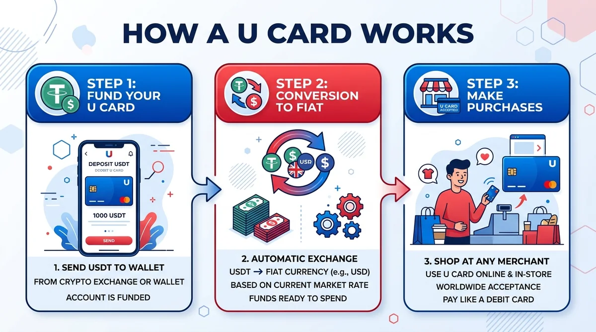 Wide 16:9 horizontal infographic, three-step flowchart showing how a U Card works, USDT icon, conversion icon, merchant icon,