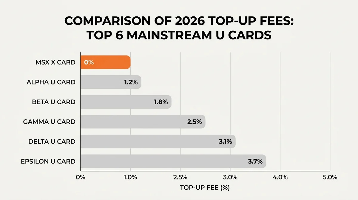 Wide 16:9 horizontal bar chart, comparing top-up fees of 6 mainstream U Cards in 2026, MSX X Card highlighted in brand color
