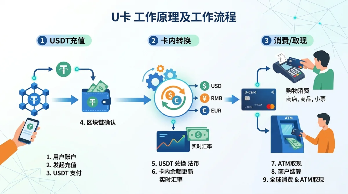 U卡工作原理流程图：USDT充值→卡内转换→消费/取现，三步可视化，标注关键转换节点