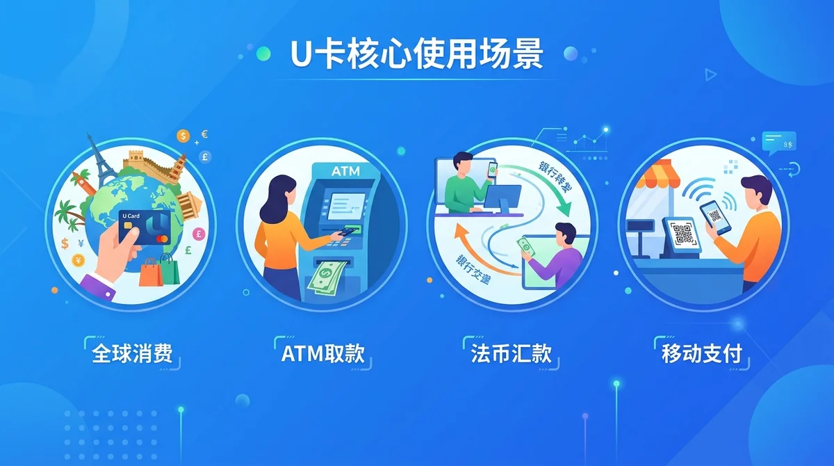U卡核心使用场景信息图：四个图标展示全球消费、ATM取款、法币汇款、移动支付，配简洁文字说明