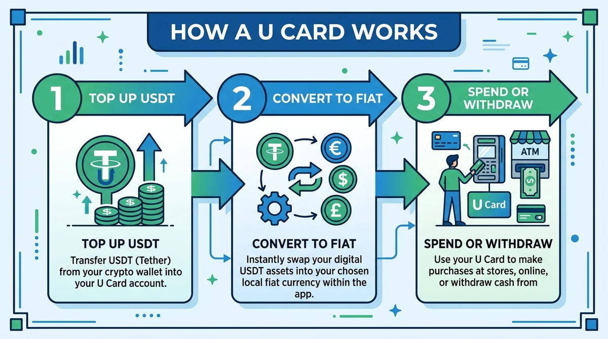 Wide 16:9 horizontal infographic, three-step flow with icons: top up USDT, convert to fiat, spend or withdraw, clean flat des