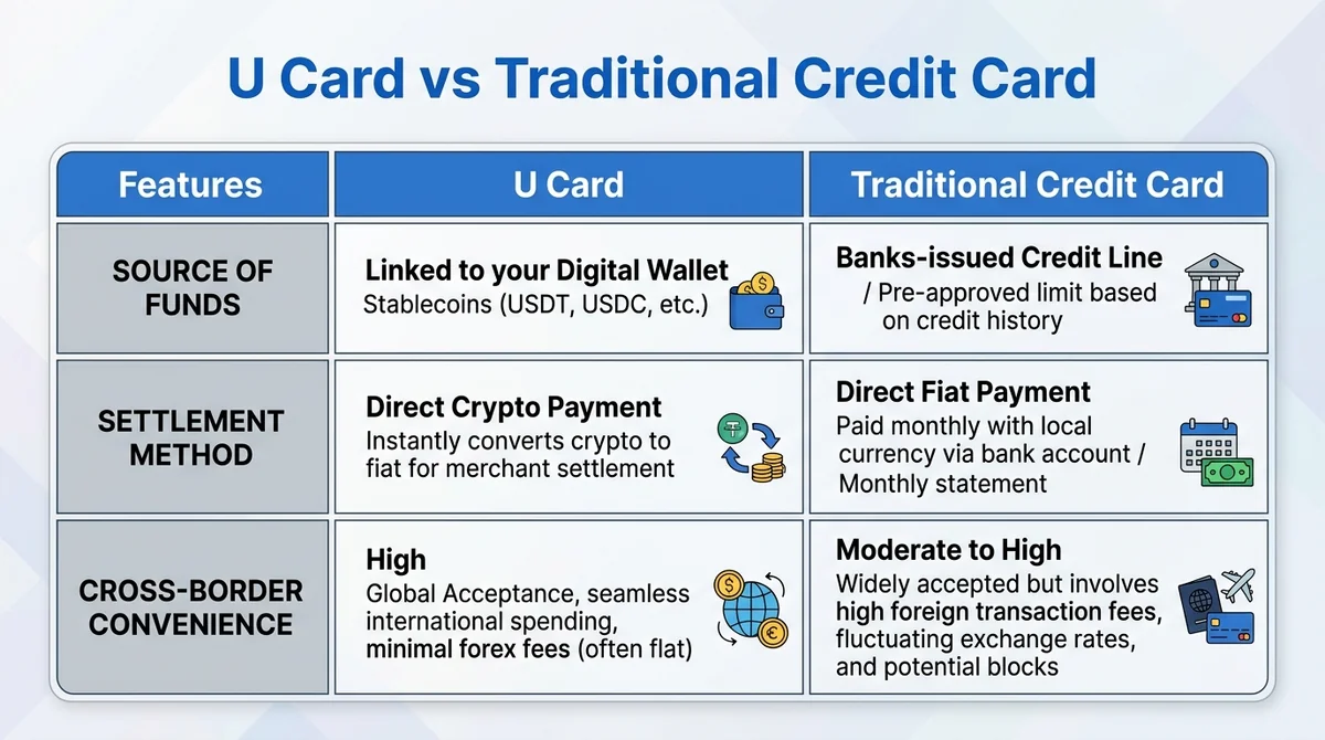 Wide 16:9 horizontal comparison table, two columns for U Card and traditional credit card, three rows for source of funds, se