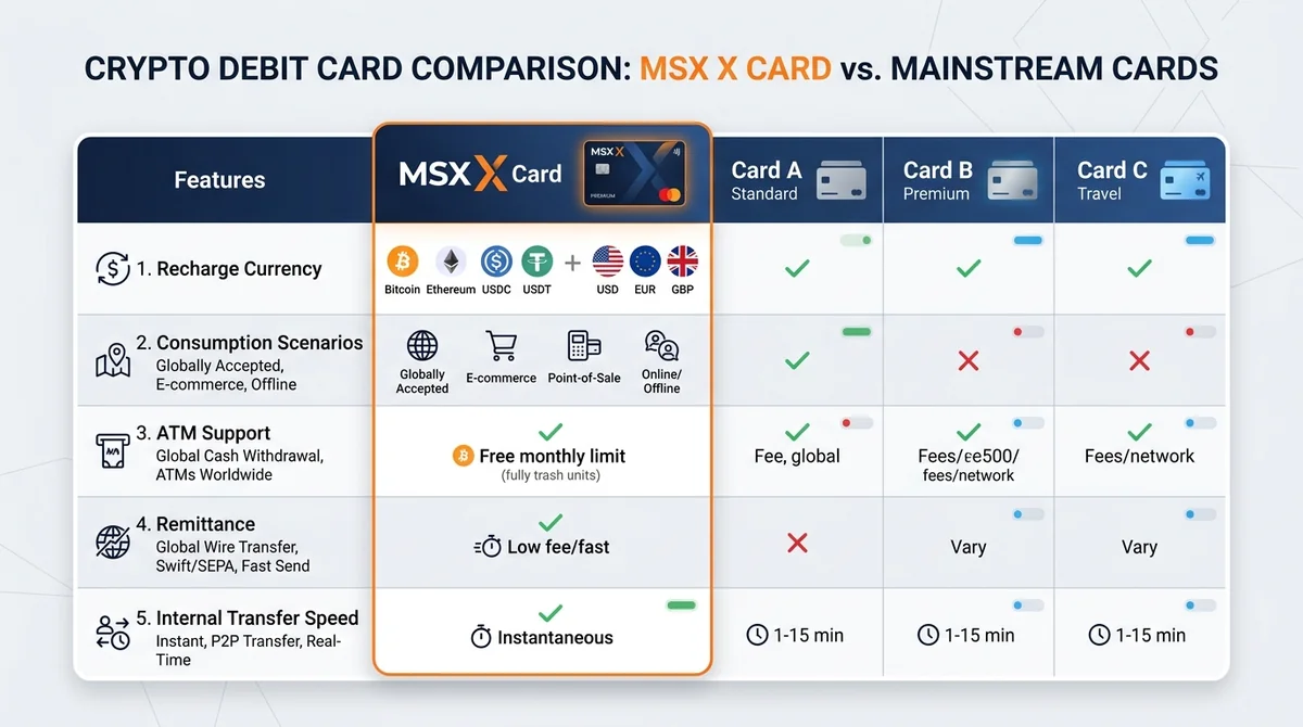 Comparison table of MSX X Card and other mainstream crypto debit cards, listing key features: recharge currency, consumption