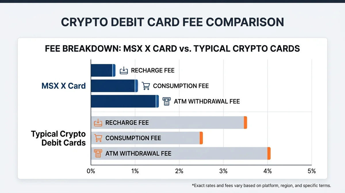 Fee comparison bar chart of MSX X Card and typical crypto debit cards, showing recharge fee, consumption fee, ATM withdrawal