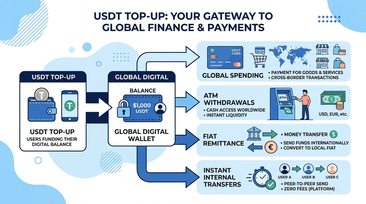Wide 16:9 horizontal infographic, flow diagram showing USDT top-up leading to global spending, ATM withdrawals, fiat remittan