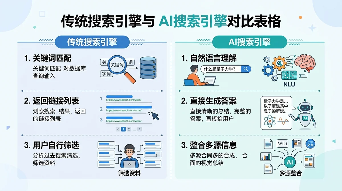 传统搜索引擎与AI搜索引擎对比表格,左侧传统搜索(关键词匹配、返回链接列表、用户自行筛选),右侧AI搜索(自然语言理解、直接生成答案、整合多源信息)