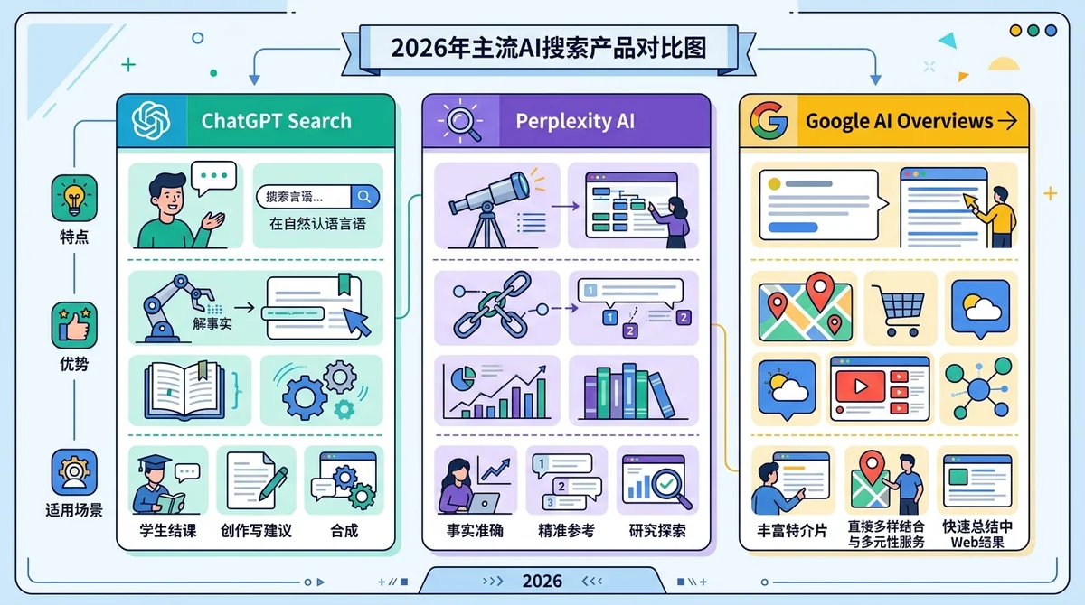 2026年主流AI搜索产品对比图：ChatGPT Search、Perplexity AI、Google AI Overviews三个产品的特点、优势与适用场景对比