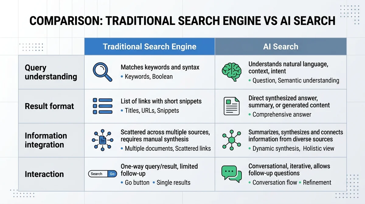 Wide 16:9 horizontal comparison table, two columns labeled 'Traditional Search Engine' and 'AI Search', four rows labeled Que