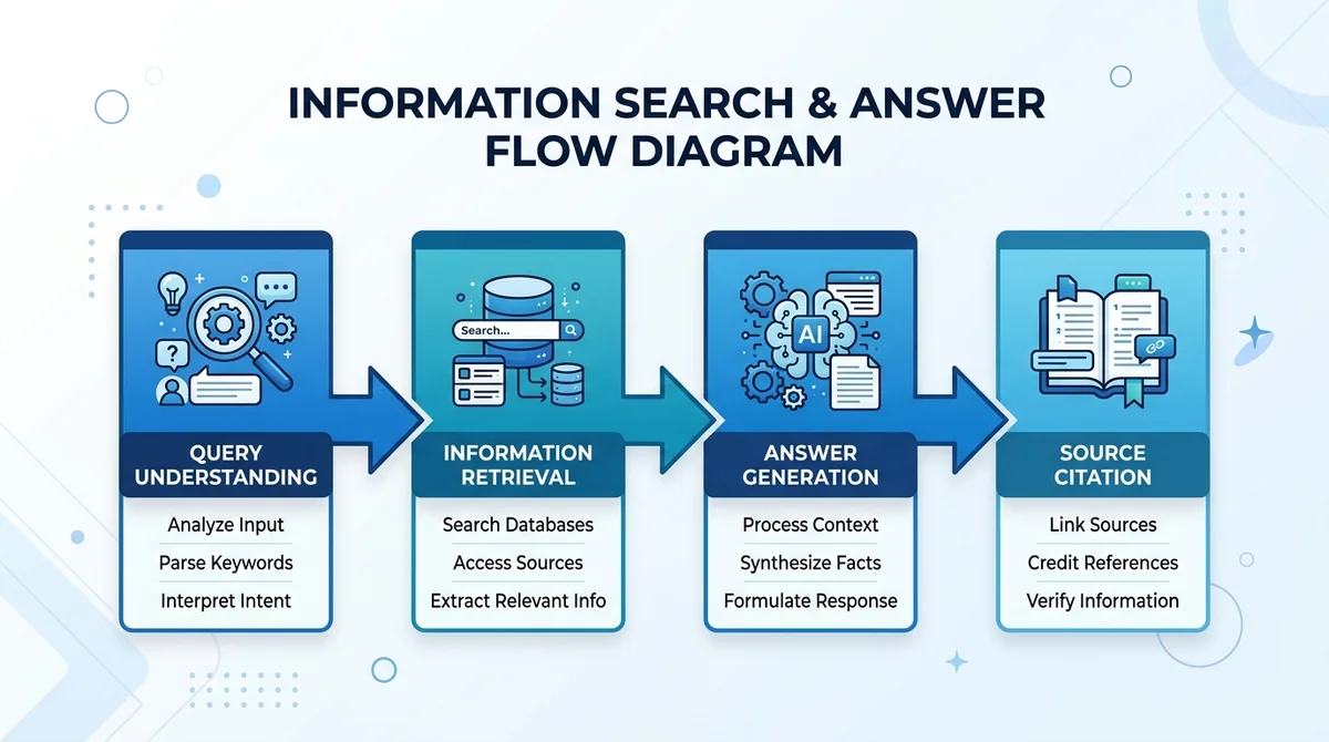 Wide 16:9 horizontal flow diagram with four connected steps: Query understanding, Information retrieval, Answer generation, S