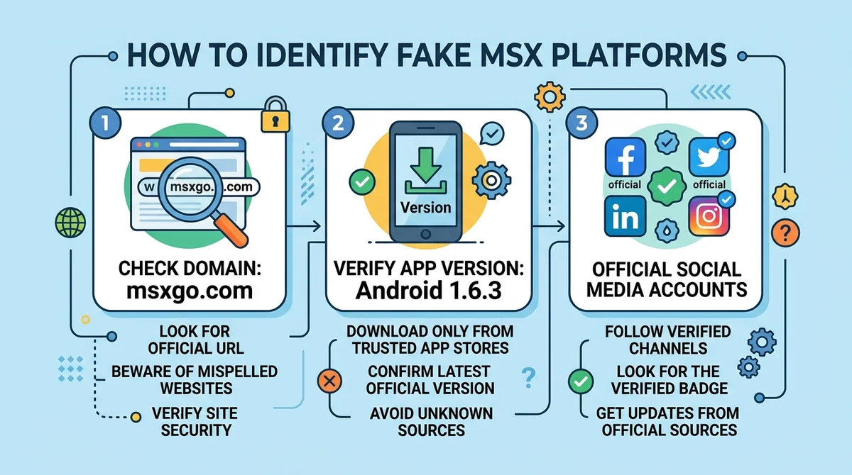 Infographic showing how to identify fake MSX platforms: check domain (msxgo.com), verify app version (Android 1.6.3), and off