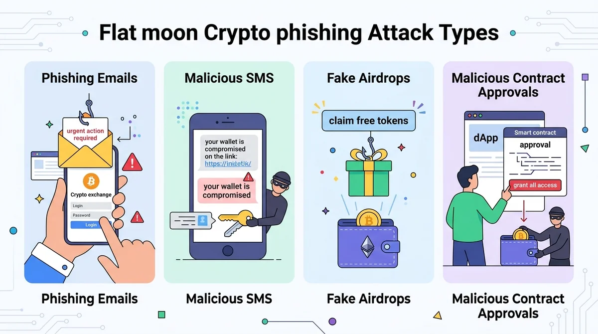 Infographic illustrating common crypto phishing attack types: phishing emails, malicious SMS, fake airdrops, and malicious co