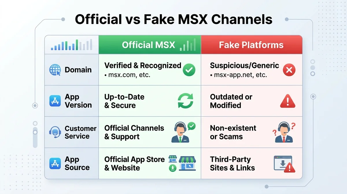 Wide 16:9 horizontal infographic, clean comparison table with two columns 'Official MSX' and 'Fake Platforms', rows for domai