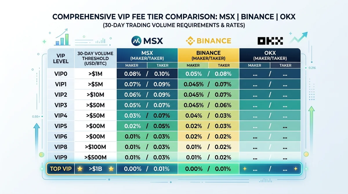 三平台VIP费率分级完整对比表格图:行为VIP等级(VIP0至顶级),列为MSX/Binance/OKX的maker和taker费率,用颜色深浅区分费率高低,标注各级30日交易量门槛,突出显示顶级VIP行