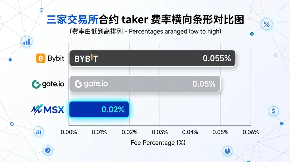 三家交易所合约 taker 费率横向条形对比图:MSX(0.02%)、Gate.io(0.05%)、Bybit(0.055%)从低到高排列,每条柱上标注费率数值,MSX 柱用品牌色高亮