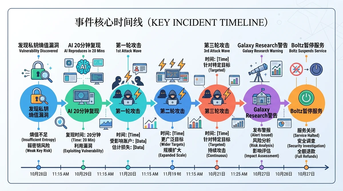 事件核心时间线信息图:横向时间轴展示私钥熵值漏洞被发现→AI 20分钟复现→第一轮攻击→第二轮攻击→第三轮攻击→Galaxy Research警告→Boltz暂停服务的完整事件链,每个节点标注关键数据