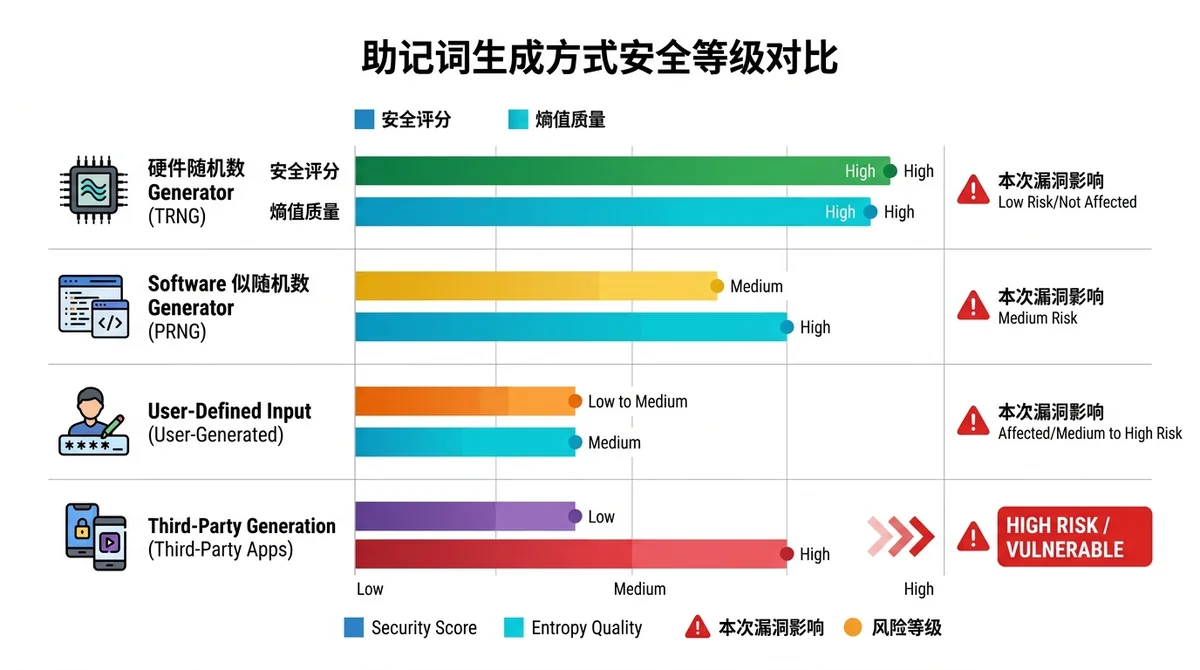 助记词生成方式安全等级对比横向条形图:对比硬件随机数(TRNG)、软件伪随机数(PRNG)、用户自定义输入、第三方工具生成四类方式的安全评分与熵值质量,并标注受本次漏洞影响的风险等级