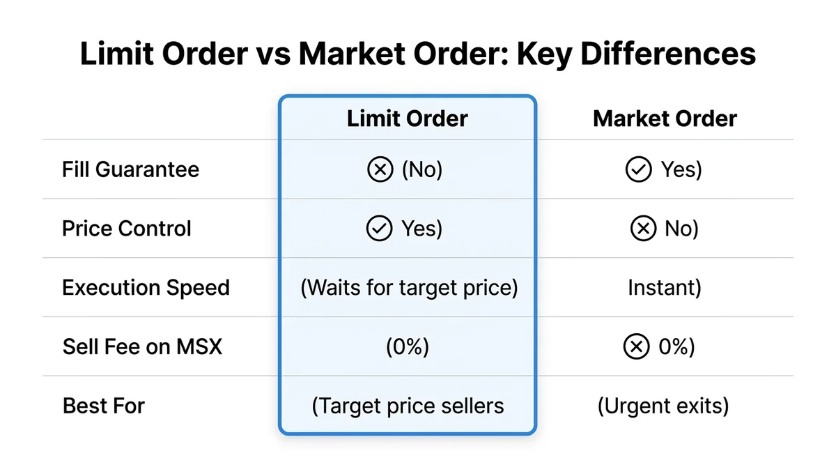 Wide 16:9 horizontal comparison table infographic, white background, two columns labeled 'Limit Order' and 'Market Order' in