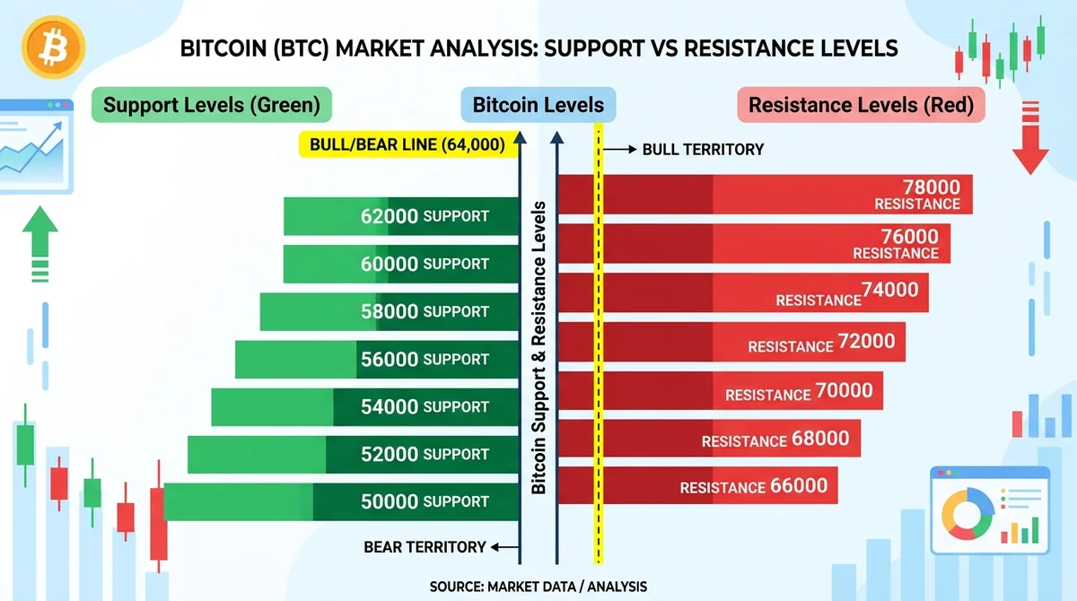 Bar chart comparing Bitcoin support and resistance levels, resistance levels in red, support levels in green, bull/bear line