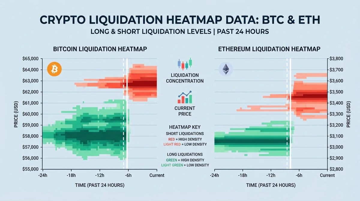 Infographic showing Bitcoin and Ethereum liquidation heatmap data, short liquidation levels in red, long liquidation levels i