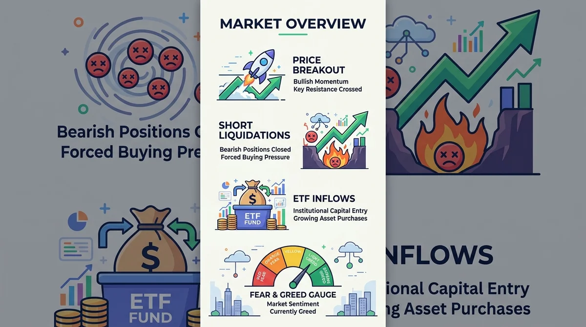 Vertical infographic, clean flat design, light background, bold English title 'Market Overview', icons for price breakout, sh