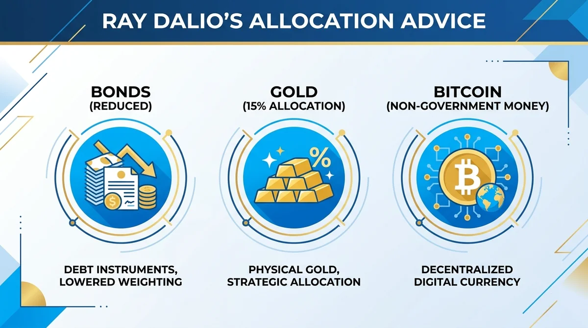 Wide 16:9 horizontal infographic, three icon sections: bonds (reduced), gold (15% allocation), Bitcoin (non-government money)
