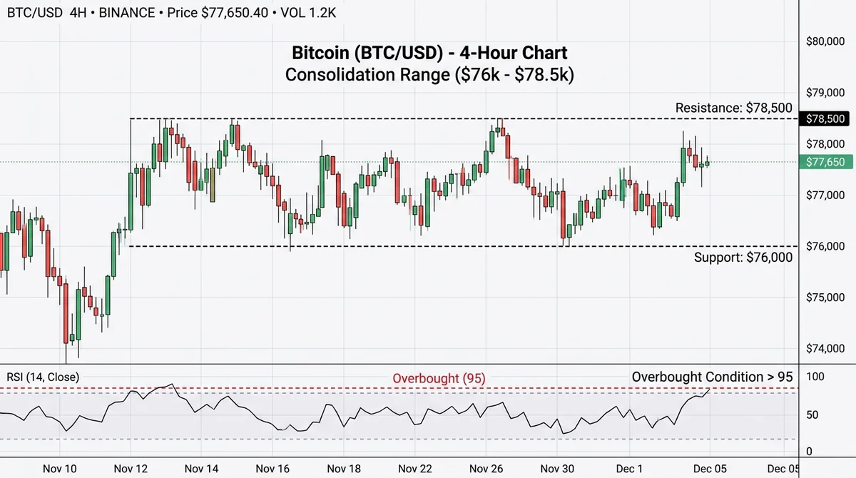 Wide 16:9 horizontal trading chart, Bitcoin 4-hour candlestick chart showing consolidation between $76,000 and $78,500, RSI i