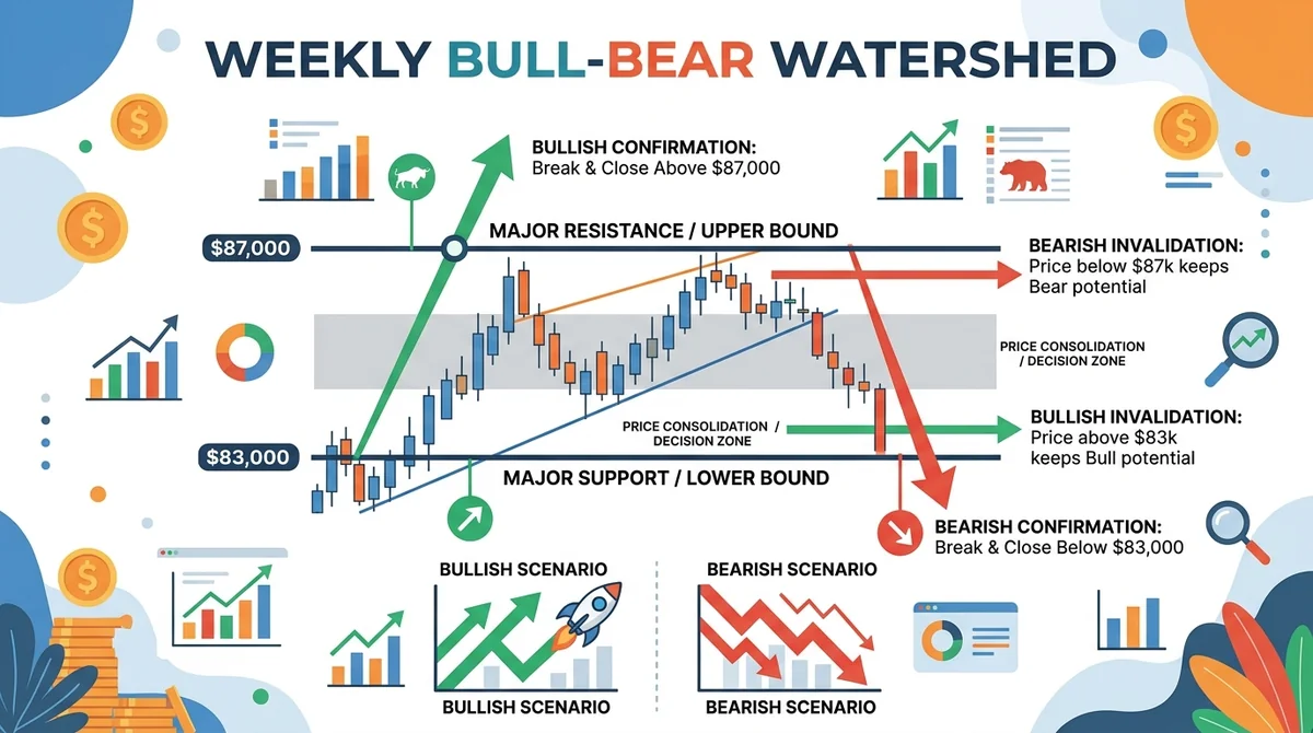 Wide 16:9 horizontal infographic, flat design, showing Bitcoin weekly price levels $83,000 and $87,000 with arrows and labels