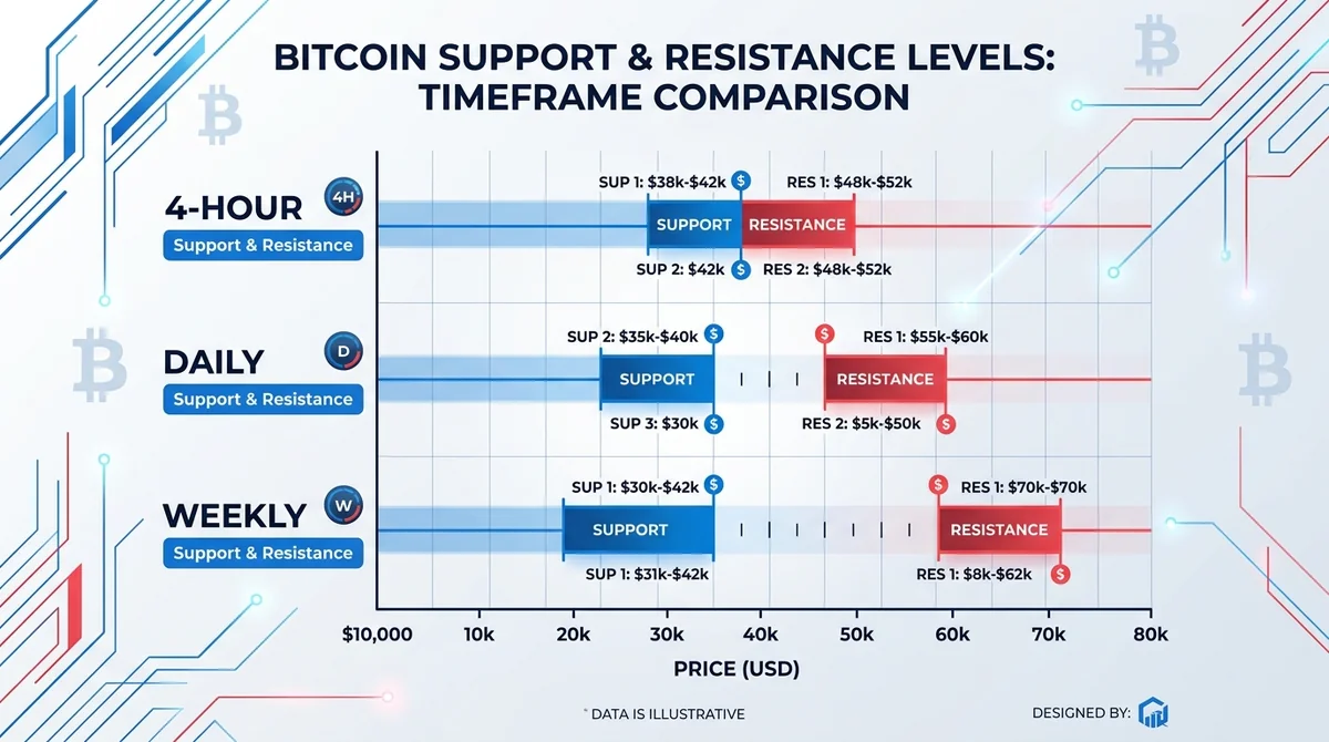 Wide 16:9 horizontal bar chart comparing Bitcoin support and resistance levels across 4-hour, daily, and weekly timeframes, v
