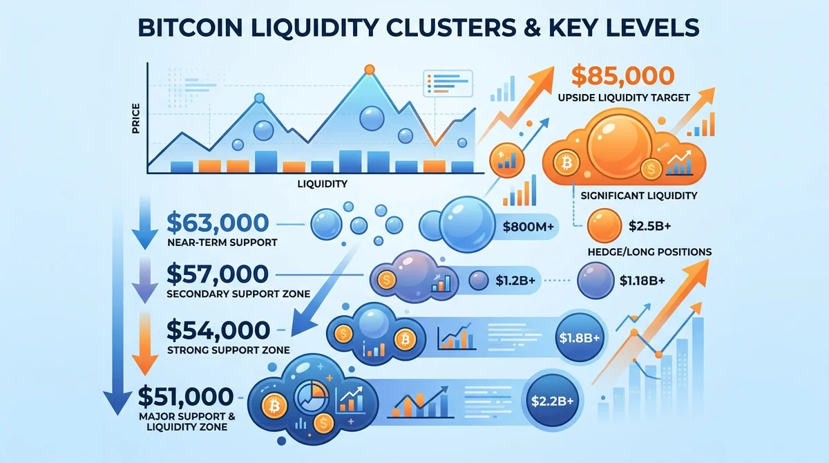 Wide 16:9 horizontal infographic showing Bitcoin liquidity clusters, downside levels at $63,000, $51,000, $54,000, $57,000 wi