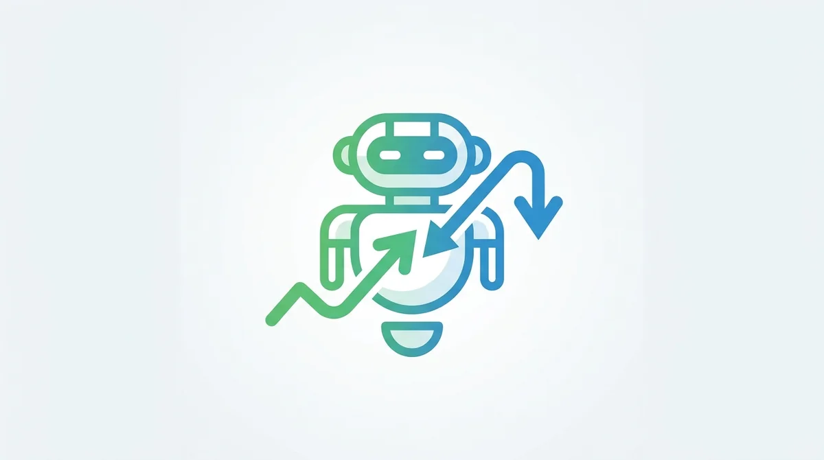 Clean flat icon, trading bot with upward and downward arrows indicating buy low sell high, modern minimal style, no text