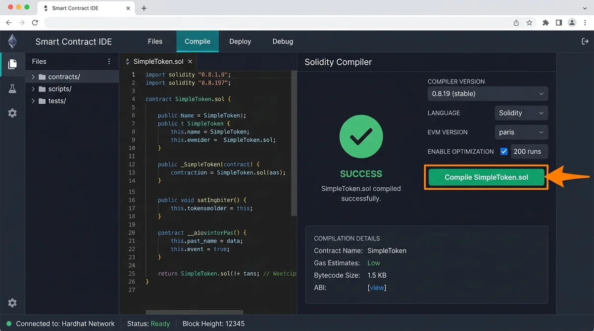 Annotated screenshot of a blockchain development platform compile tab, green checkmark indicating successful compilation, arr