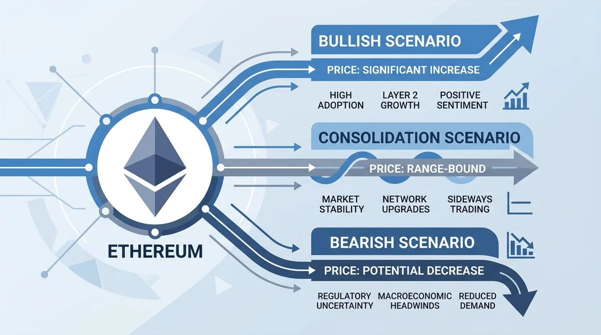 Wide 16:9 horizontal infographic, three branching paths from a central Ethereum logo, each path labeled with English scenario