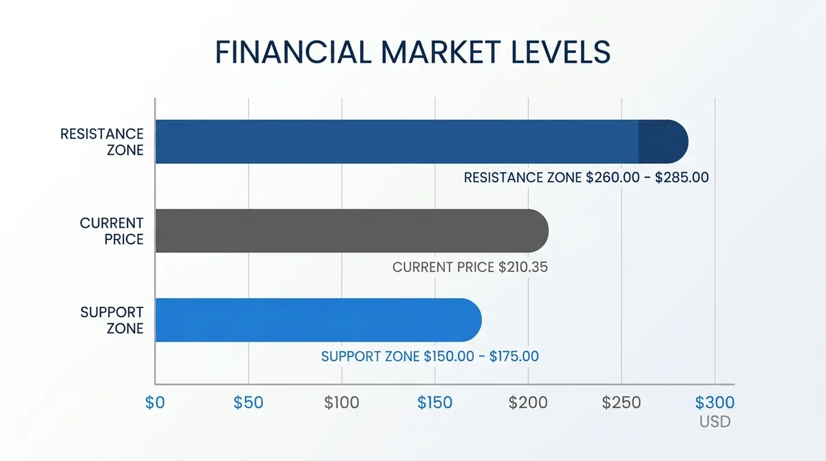 Wide 16:9 horizontal bar chart, three horizontal bars representing support zone, current price, and resistance zone, each bar