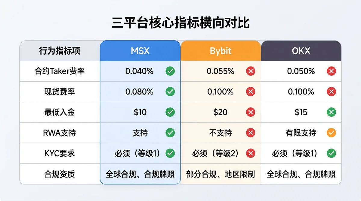 三平台核心指标横向对比表格图:行为指标项(合约taker费率、现货费率、最低入金、RWA支持、KYC要求、合规资质),列为MSX/Bybit/OKX,绿色勾/红色叉标注支持情况,数字数据直接标注
