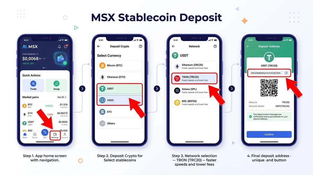 MSX充值入金操作流程步骤图:分4步展示稳定币充值路径——①进入充值页面②选择币种(USDT/USDC)③选择网络④确认充值地址,每步截图配红色箭头高亮操作位置,移动端界面优先