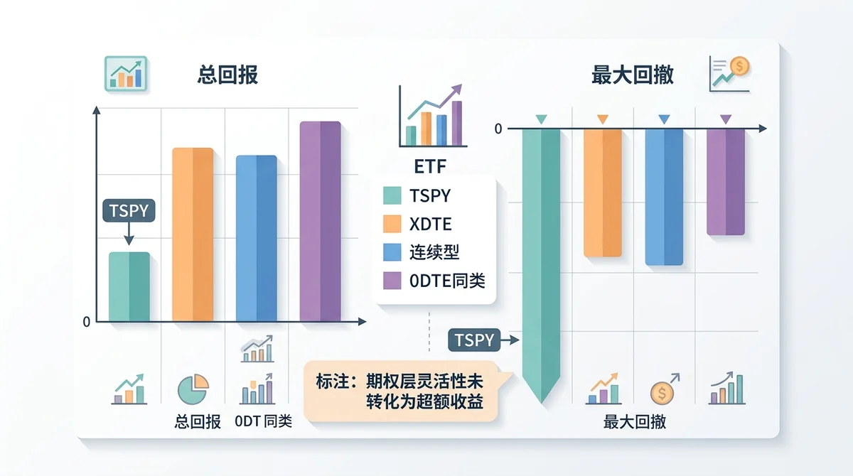 TSPY 与 XDTE 及连续型、0DTE 同类收益型 ETF 的总回报与最大回撤对比条形图，突出 TSPY 在两项指标上均落后，标注期权层灵活性未转化为超额收益