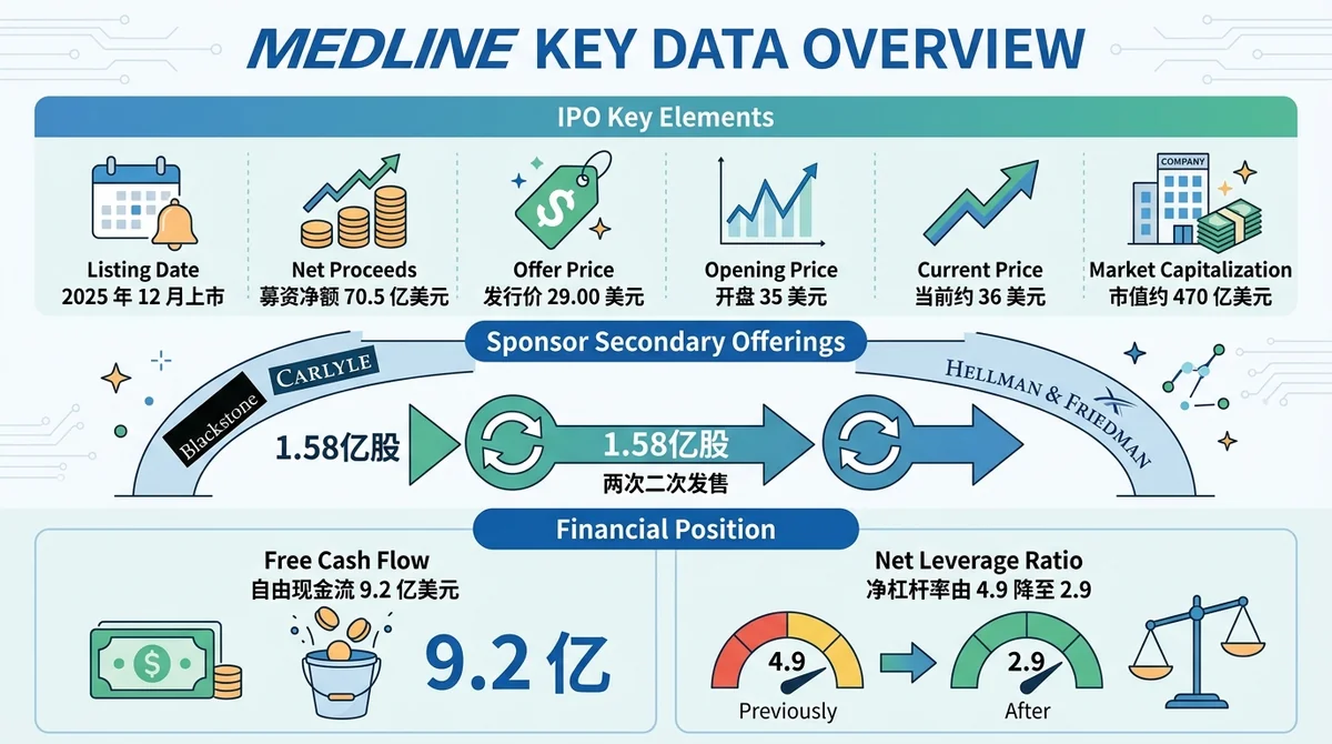 Medline 关键数据信息图：上方展示 IPO 要素（2025 年 12 月上市、募资净额 70.5 亿美元、发行价 29.00 美元、开盘 35 美元、当前约 36 美元、市值约 470 亿美元），中部展示黑石、凯雷、Hellman & Frie