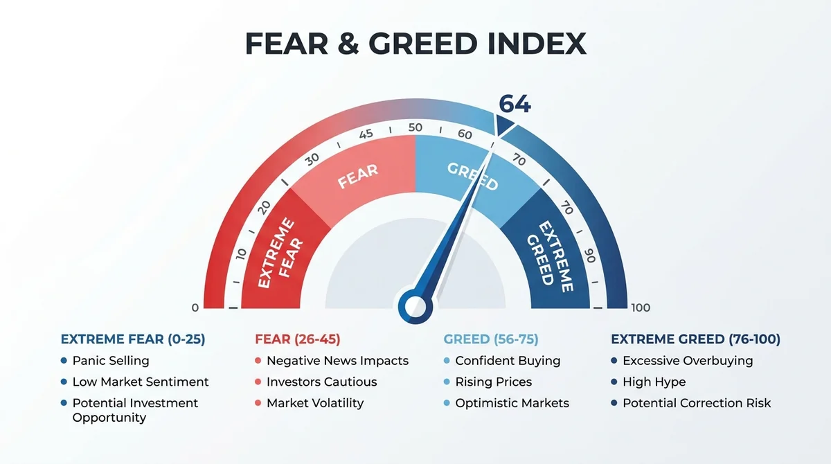 Wide 16:9 horizontal infographic, a large semicircular gauge from 0 to 100 with colored zones labeled 'Extreme Fear', 'Fear',