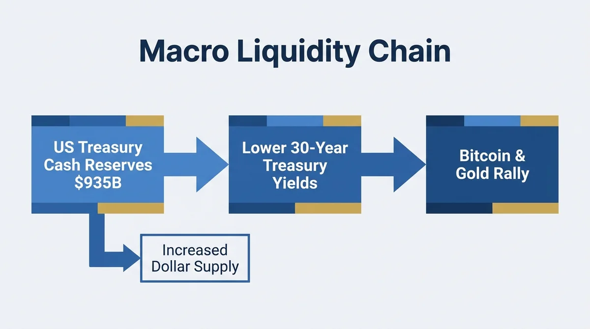 Wide 16:9 horizontal flow diagram, three boxes connected by arrows: 'US Treasury Cash Reserves $935B' → 'Lower 30-Year Treasu