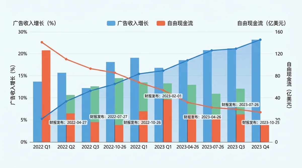 Meta 广告收入增长与自由现金流趋势对比双轴图,左轴为广告收入(增长),右轴为自由现金流(承压),标注财报发布日期