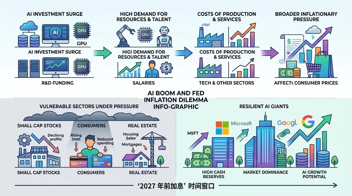 AI 热潮与美联储通胀难题信息图:上半部分展示 AI 投资热潮推动通胀的传导路径,下半部分对比加息冲击对象——小盘股、消费者、房地产承压 vs 微软、谷歌等 AI 巨头免疫,标注'2027 年前加息'时间窗口