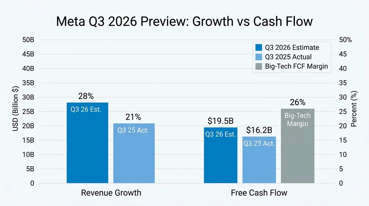 Wide 16:9 horizontal grouped bar chart, two main bars labeled 'Revenue Growth' and 'Free Cash Flow', a reference bar labeled