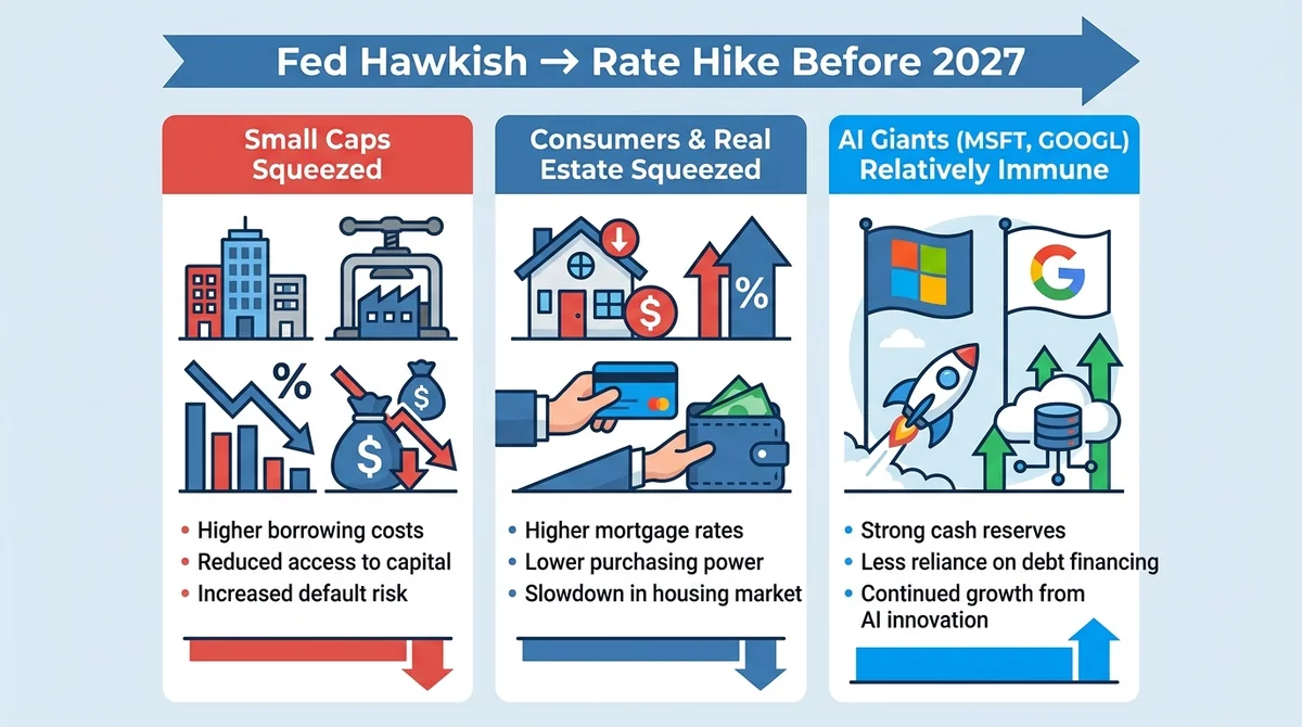 Wide 16:9 horizontal infographic, a top arrow labeled 'Fed Hawkish → Rate Hike Before 2027', three columns below: 'Small Caps