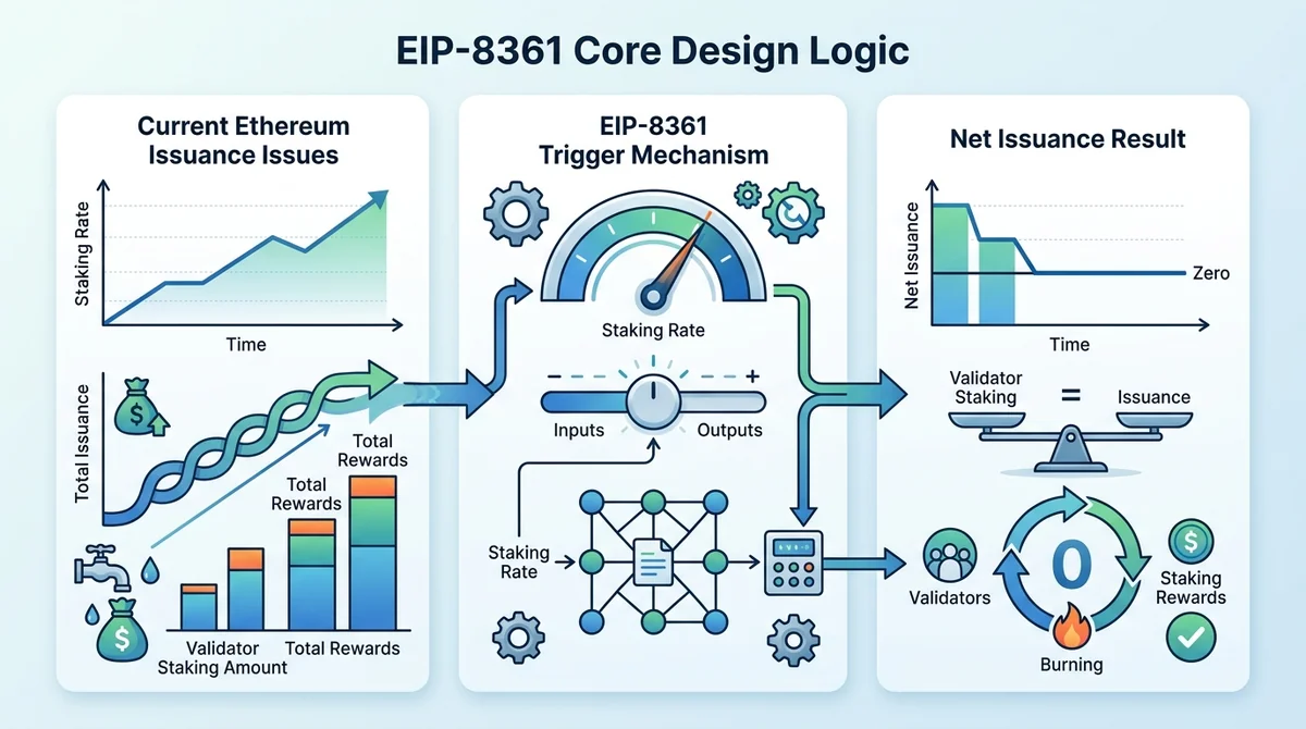EIP-8361提案核心设计逻辑流程信息图:展示以太坊现行发行模型问题(质押率上升→总奖励绝对值增大)→ EIP-8361触发机制(质押率作为触发变量)→ 结果(净发行归零)三段式横向流程
