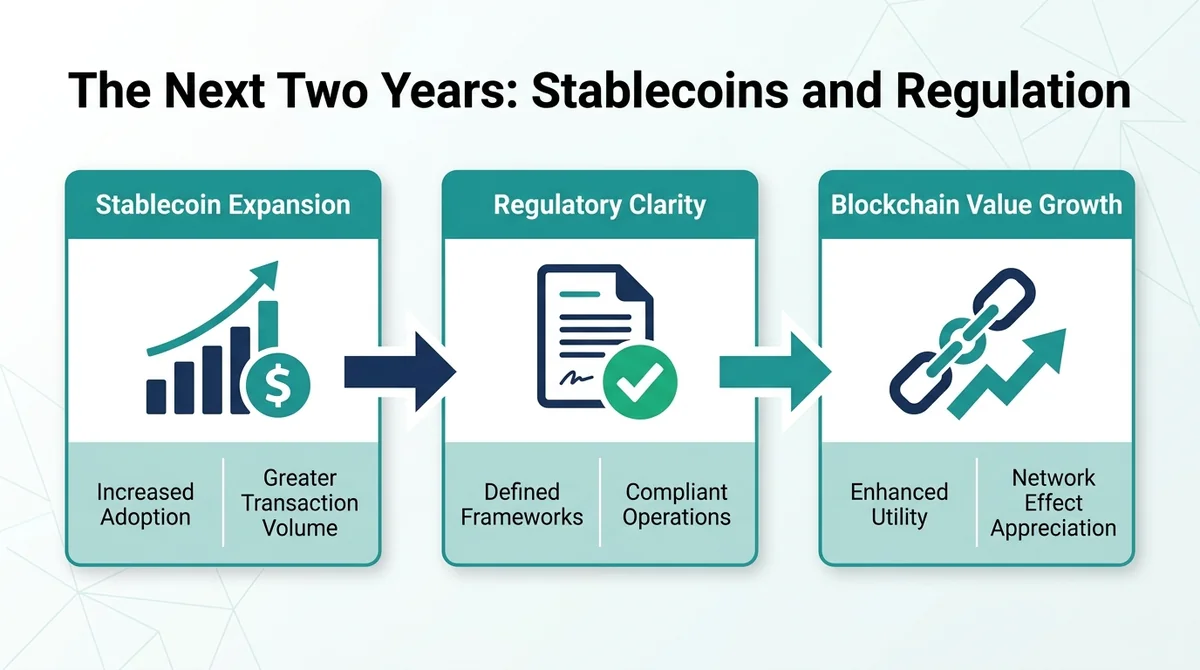 Wide 16:9 horizontal infographic, three connected cards in a left-to-right flow with arrows: card one 'Stablecoin Expansion'